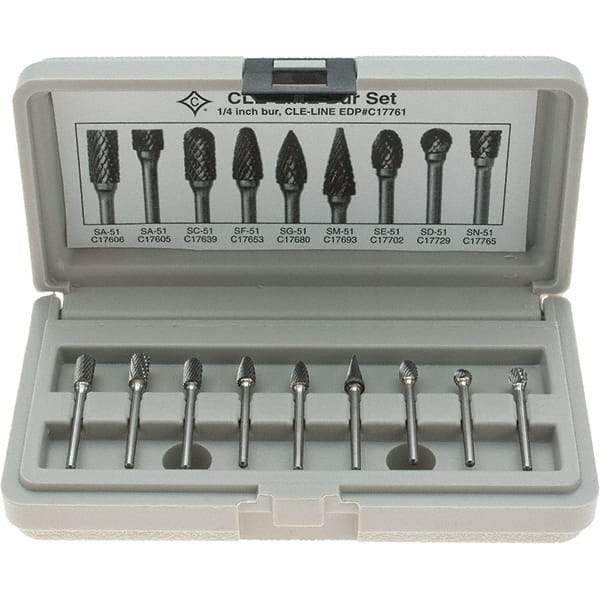 Cle-Line - 9 Piece, 1/8" Shank Burr Set - Solid Carbide, Multiple Head Shapes - Exact Tool & Supply