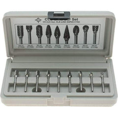 Cle-Line - 9 Piece, 1/8" Shank Burr Set - Solid Carbide, Multiple Head Shapes - Exact Tool & Supply