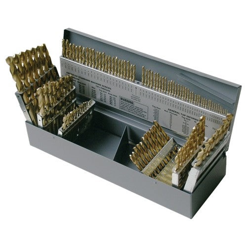 ‎1/16-1/2, A-Z, #1-#60 RHS / RHC HSS 135 Degree Split Point Heavy Duty Jobber Length Drill Set - TiN - Exact Tool & Supply