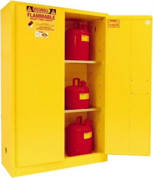 Securall Cabinets - 2 Door, 2 Shelf, Yellow Steel Standard Safety Cabinet for Flammable and Combustible Liquids - 65" High x 43" Wide x 18" Deep, Manual Closing Door, 3 Point Key Lock, 45 Gal Capacity - Exact Tool & Supply