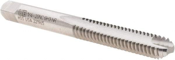 Union Butterfield - 1/4-20 UNC, 2 Flute, Bright Finish, High Speed Steel Spiral Point Tap - Bottoming Chamfer, Right Hand Thread, 2-1/2" OAL, 1" Thread Length, 0.255" Shank Diam, 2B/3B Class of Fit, Series 1585NR - Exact Tool & Supply