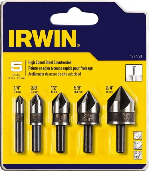 Irwin - 5 Piece, 1/4 to 3/4" Head Diam, 82° Included Angle, Single End Countersink Set - Exact Tool & Supply