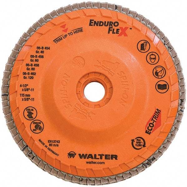 WALTER Surface Technologies - 80 Grit, 4-1/2" Disc Diam, 5/8-11 Center Hole, Type 28 Ceramic Flap Disc - 13,300 Max RPM, Plastic Backing, Arbor Attaching System, Coated - Exact Tool & Supply