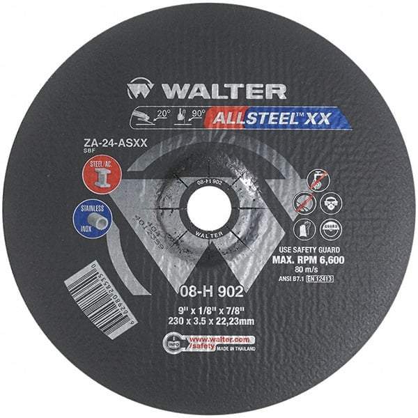 WALTER Surface Technologies - 24 Grit, 9" Wheel Diam, 1/8" Wheel Thickness, 7/8" Arbor Hole, Type 27 Depressed Center Wheel - Aluminum Oxide, Resinoid Bond, 6,600 Max RPM - Exact Tool & Supply