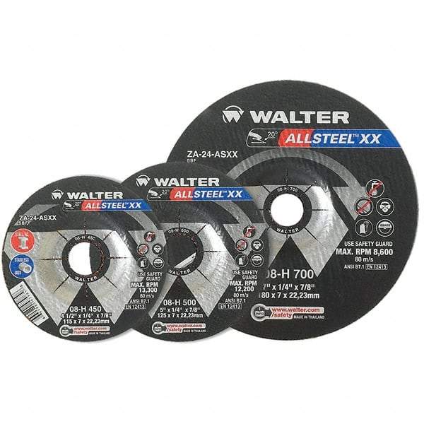 WALTER Surface Technologies - 24 Grit, 9" Wheel Diam, 1/4" Wheel Thickness, 7/8" Arbor Hole, Type 27 Depressed Center Wheel - Aluminum Oxide, Resinoid Bond, 6,600 Max RPM - Exact Tool & Supply