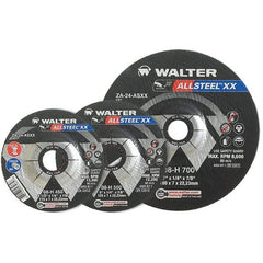 WALTER Surface Technologies - 24 Grit, 9" Wheel Diam, 1/4" Wheel Thickness, 7/8" Arbor Hole, Type 27 Depressed Center Wheel - Aluminum Oxide, Resinoid Bond, 6,600 Max RPM - Exact Tool & Supply