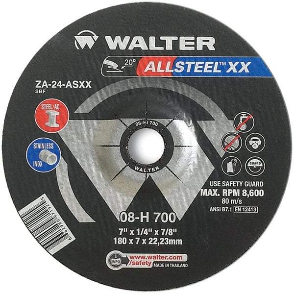 WALTER Surface Technologies - 24 Grit, 7" Wheel Diam, 1/4" Wheel Thickness, 7/8" Arbor Hole, Type 27 Depressed Center Wheel - Aluminum Oxide, Resinoid Bond, 8,600 Max RPM - Exact Tool & Supply