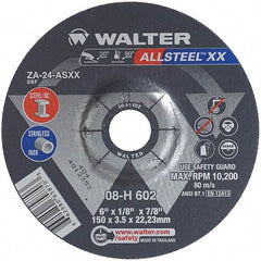 WALTER Surface Technologies - 24 Grit, 6" Wheel Diam, 1/8" Wheel Thickness, 7/8" Arbor Hole, Type 27 Depressed Center Wheel - Aluminum Oxide, Resinoid Bond, 10,200 Max RPM - Exact Tool & Supply