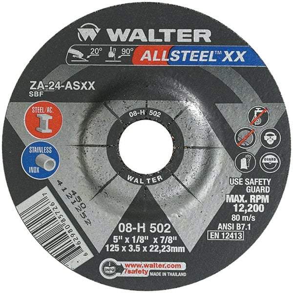 WALTER Surface Technologies - 24 Grit, 5" Wheel Diam, 1/8" Wheel Thickness, 7/8" Arbor Hole, Type 27 Depressed Center Wheel - Aluminum Oxide, Resinoid Bond, 12,200 Max RPM - Exact Tool & Supply
