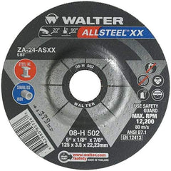 WALTER Surface Technologies - 24 Grit, 5" Wheel Diam, 1/8" Wheel Thickness, 7/8" Arbor Hole, Type 27 Depressed Center Wheel - Aluminum Oxide, Resinoid Bond, 12,200 Max RPM - Exact Tool & Supply