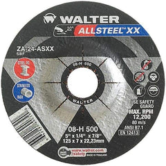 WALTER Surface Technologies - 24 Grit, 5" Wheel Diam, 1/4" Wheel Thickness, 7/8" Arbor Hole, Type 27 Depressed Center Wheel - Aluminum Oxide, Resinoid Bond, 12,200 Max RPM - Exact Tool & Supply
