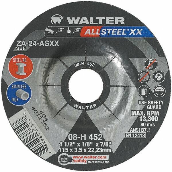 WALTER Surface Technologies - 24 Grit, 4-1/2" Wheel Diam, 1/8" Wheel Thickness, 7/8" Arbor Hole, Type 27 Depressed Center Wheel - Aluminum Oxide, Resinoid Bond, 13,300 Max RPM - Exact Tool & Supply