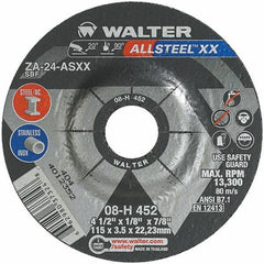 WALTER Surface Technologies - 24 Grit, 4-1/2" Wheel Diam, 1/8" Wheel Thickness, 7/8" Arbor Hole, Type 27 Depressed Center Wheel - Aluminum Oxide, Resinoid Bond, 13,300 Max RPM - Exact Tool & Supply