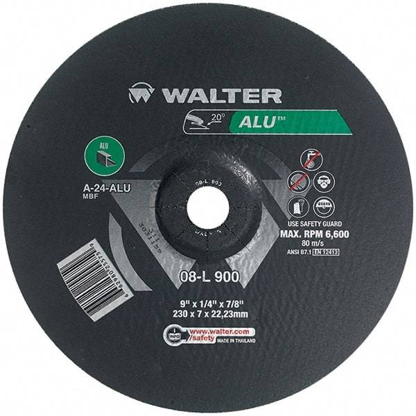 WALTER Surface Technologies - 24 Grit, 9" Wheel Diam, 1/4" Wheel Thickness, 7/8" Arbor Hole, Type 27 Depressed Center Wheel - Aluminum Oxide, Resinoid Bond, 6,600 Max RPM - Exact Tool & Supply