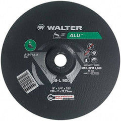 WALTER Surface Technologies - 24 Grit, 9" Wheel Diam, 1/4" Wheel Thickness, 7/8" Arbor Hole, Type 27 Depressed Center Wheel - Aluminum Oxide, Resinoid Bond, 6,600 Max RPM - Exact Tool & Supply