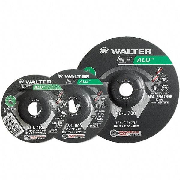 WALTER Surface Technologies - 24 Grit, 7" Wheel Diam, 1/8" Wheel Thickness, Type 27 Depressed Center Wheel - Aluminum Oxide, Resinoid Bond, 8,600 Max RPM - Exact Tool & Supply