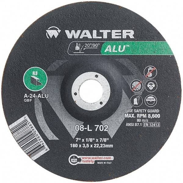 WALTER Surface Technologies - 24 Grit, 7" Wheel Diam, 1/8" Wheel Thickness, 7/8" Arbor Hole, Type 27 Depressed Center Wheel - Aluminum Oxide, Resinoid Bond, 8,600 Max RPM - Exact Tool & Supply