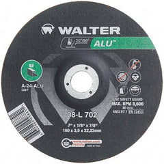 WALTER Surface Technologies - 24 Grit, 7" Wheel Diam, 1/8" Wheel Thickness, 7/8" Arbor Hole, Type 27 Depressed Center Wheel - Aluminum Oxide, Resinoid Bond, 8,600 Max RPM - Exact Tool & Supply