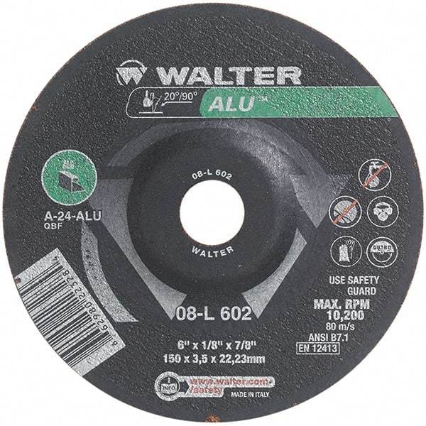 WALTER Surface Technologies - 24 Grit, 6" Wheel Diam, 1/8" Wheel Thickness, 7/8" Arbor Hole, Type 27 Depressed Center Wheel - Aluminum Oxide, Resinoid Bond, 10,200 Max RPM - Exact Tool & Supply