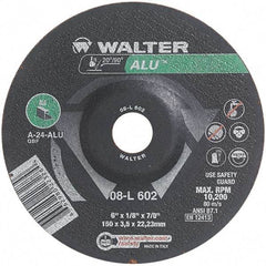 WALTER Surface Technologies - 24 Grit, 6" Wheel Diam, 1/8" Wheel Thickness, 7/8" Arbor Hole, Type 27 Depressed Center Wheel - Aluminum Oxide, Resinoid Bond, 10,200 Max RPM - Exact Tool & Supply