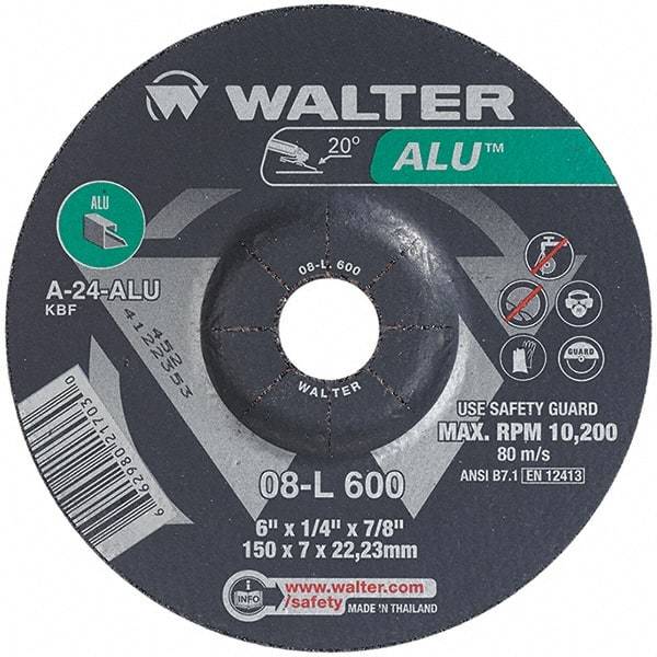 WALTER Surface Technologies - 24 Grit, 6" Wheel Diam, 1/4" Wheel Thickness, 7/8" Arbor Hole, Type 27 Depressed Center Wheel - Aluminum Oxide, Resinoid Bond, 10,200 Max RPM - Exact Tool & Supply