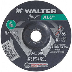 WALTER Surface Technologies - 24 Grit, 6" Wheel Diam, 1/4" Wheel Thickness, 7/8" Arbor Hole, Type 27 Depressed Center Wheel - Aluminum Oxide, Resinoid Bond, 10,200 Max RPM - Exact Tool & Supply