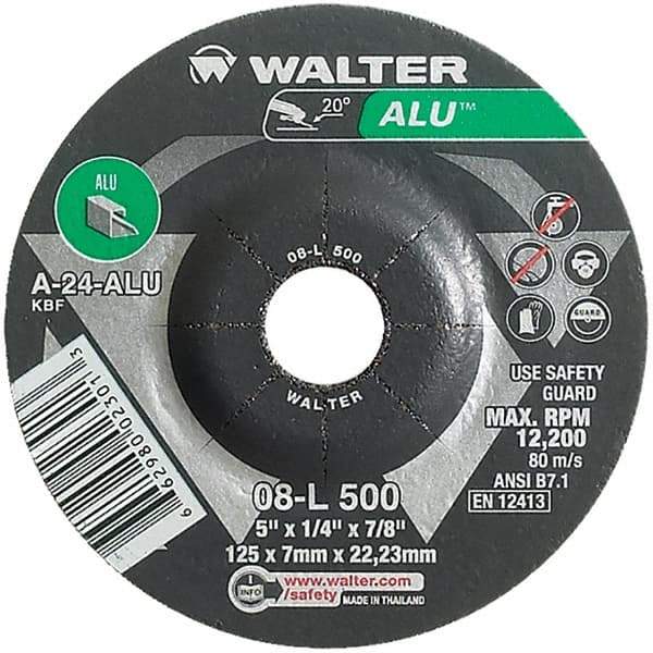 WALTER Surface Technologies - 24 Grit, 5" Wheel Diam, 1/4" Wheel Thickness, 7/8" Arbor Hole, Type 27 Depressed Center Wheel - Aluminum Oxide, Resinoid Bond, 12,200 Max RPM - Exact Tool & Supply