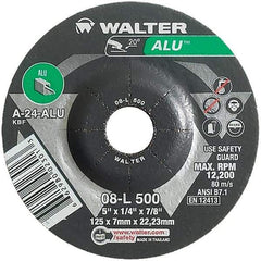 WALTER Surface Technologies - 24 Grit, 5" Wheel Diam, 1/4" Wheel Thickness, 7/8" Arbor Hole, Type 27 Depressed Center Wheel - Aluminum Oxide, Resinoid Bond, 12,200 Max RPM - Exact Tool & Supply