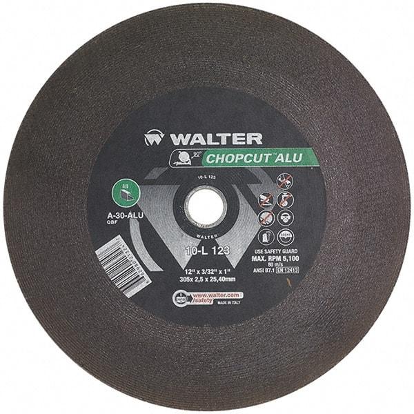 WALTER Surface Technologies - 12" 30 Grit Aluminum Oxide Cutoff Wheel - 3/32" Thick, 1" Arbor, 5,100 Max RPM, Use with Chop Saws - Exact Tool & Supply