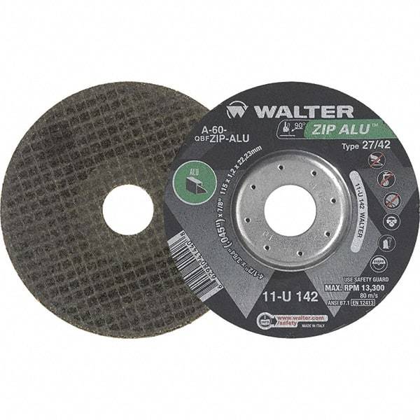 WALTER Surface Technologies - 60 Grit, 5" Wheel Diam, 3/64" Wheel Thickness, 7/8" Arbor Hole, Type 27 Depressed Center Wheel - Aluminum Oxide, Resinoid Bond, 12,200 Max RPM - Exact Tool & Supply