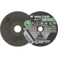 WALTER Surface Technologies - 3" 60 Grit Aluminum Oxide Cutoff Wheel - 1/32" Thick, 3/8" Arbor, 25,470 Max RPM, Use with Die Grinders - Exact Tool & Supply