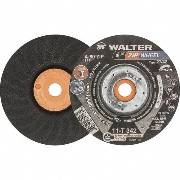 WALTER Surface Technologies - 60 Grit, 4-1/2" Wheel Diam, 3/64" Wheel Thickness, Type 27 Depressed Center Wheel - Resinoid Bond, 13,300 Max RPM - Exact Tool & Supply