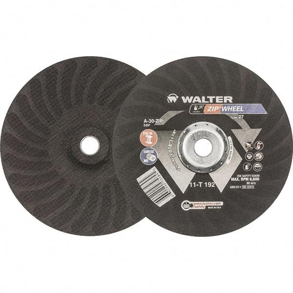WALTER Surface Technologies - 30 Grit, 9" Wheel Diam, 5/64" Wheel Thickness, 7/8" Arbor Hole, Type 27 Depressed Center Wheel - Aluminum Oxide, Resinoid Bond, 6,600 Max RPM - Exact Tool & Supply