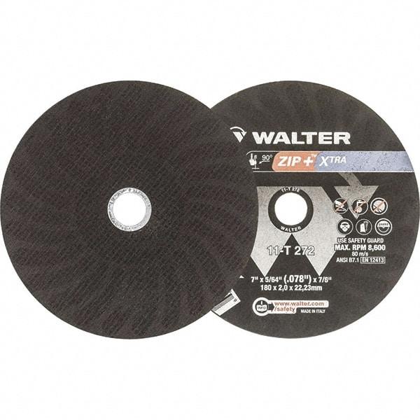 WALTER Surface Technologies - 7" 46 Grit Aluminum Oxide Cutoff Wheel - 5/64" Thick, 7/8" Arbor, 8,600 Max RPM, Use with Angle Grinders - Exact Tool & Supply