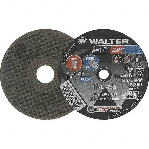 WALTER Surface Technologies - 4" 24 Grit Aluminum Oxide Cutoff Wheel - 1/2" Thick, 3/8" Arbor, 19,100 Max RPM, Use with Die Grinders - Exact Tool & Supply