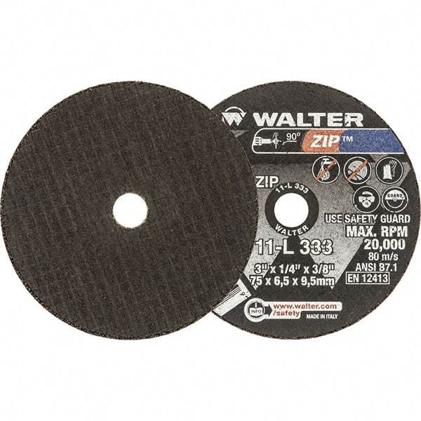 WALTER Surface Technologies - 3" 24 Grit Aluminum Oxide Cutoff Wheel - 1/4" Thick, 3/8" Arbor, 25,470 Max RPM, Use with Die Grinders - Exact Tool & Supply