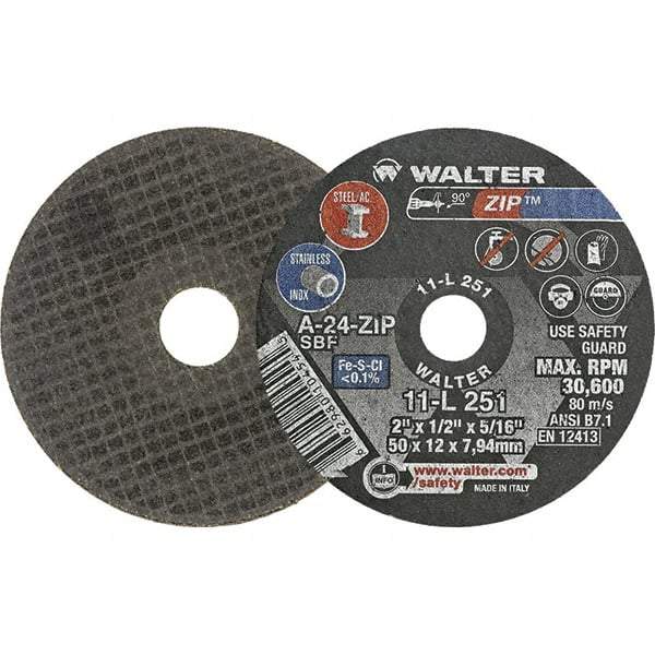 WALTER Surface Technologies - 2" 24 Grit Aluminum Oxide Cutoff Wheel - 1/2" Thick, 5/16" Arbor, 31,000 Max RPM, Use with Die Grinders - Exact Tool & Supply