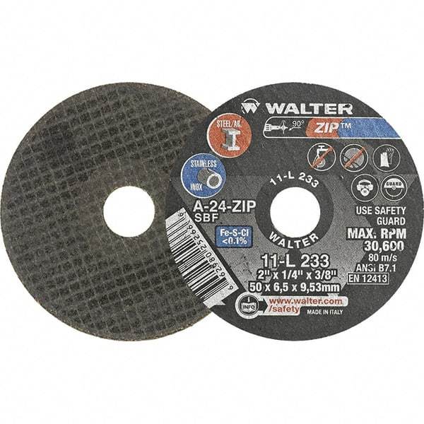 WALTER Surface Technologies - 2" 24 Grit Aluminum Oxide Cutoff Wheel - 1/4" Thick, 3/8" Arbor, 31,000 Max RPM, Use with Die Grinders - Exact Tool & Supply