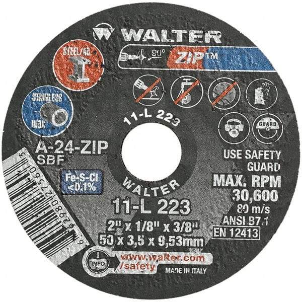 WALTER Surface Technologies - 2" 24 Grit Aluminum Oxide Cutoff Wheel - 1/8" Thick, 3/8" Arbor, 31,000 Max RPM, Use with Die Grinders - Exact Tool & Supply