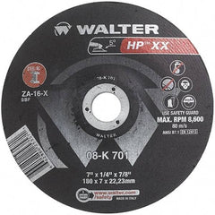 WALTER Surface Technologies - 16 Grit, 7" Wheel Diam, 1/4" Wheel Thickness, 7/8" Arbor Hole, Type 28 Depressed Center Wheel - Aluminum Oxide, Resinoid Bond, 8,600 Max RPM - Exact Tool & Supply