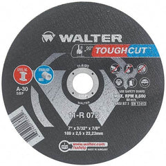 WALTER Surface Technologies - 7" 30 Grit Aluminum Oxide Cutoff Wheel - 3/32" Thick, 7/8" Arbor, 8,600 Max RPM, Use with Angle Grinders - Exact Tool & Supply