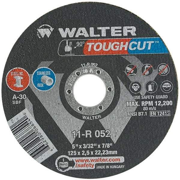 WALTER Surface Technologies - 5" 30 Grit Aluminum Oxide Cutoff Wheel - 3/32" Thick, 7/8" Arbor, 12,200 Max RPM, Use with Angle Grinders - Exact Tool & Supply