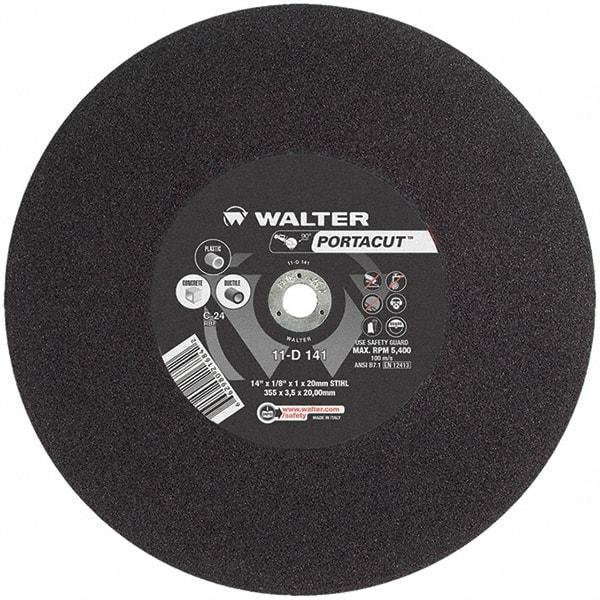 WALTER Surface Technologies - 14" 24 Grit Aluminum Oxide Cutoff Wheel - 1/8" Thick, 20mm Arbor, 5,400 Max RPM, Use with Electric & Gas Powered Saws - Exact Tool & Supply