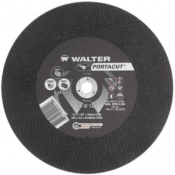 WALTER Surface Technologies - 12" 24 Grit Aluminum Oxide Cutoff Wheel - 1/8" Thick, 20mm Arbor, 6,300 Max RPM, Use with Electric & Gas Powered Saws - Exact Tool & Supply
