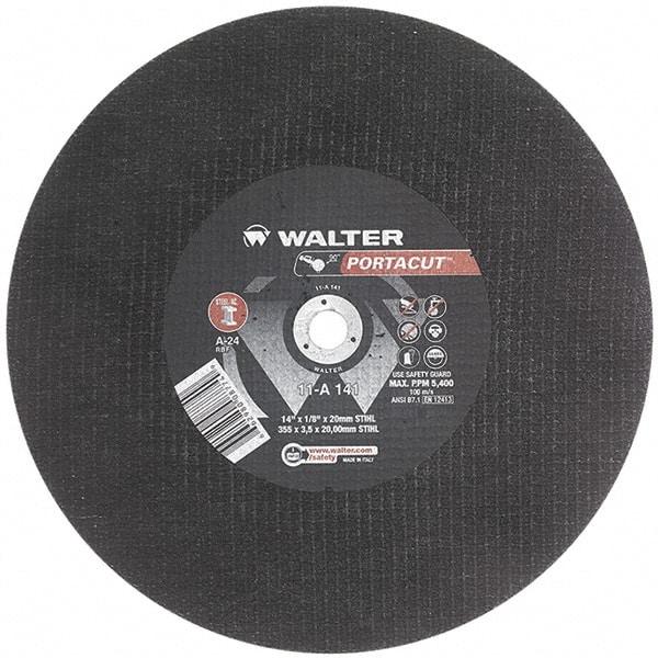 WALTER Surface Technologies - 14" 24 Grit Aluminum Oxide Cutoff Wheel - 1/8" Thick, 20mm Arbor, 5,400 Max RPM, Use with Electric & Gas Powered Saws - Exact Tool & Supply
