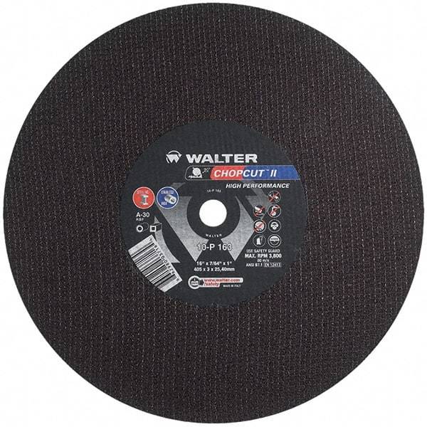 WALTER Surface Technologies - 16" 30 Grit Aluminum Oxide Cutoff Wheel - 7/64" Thick, 1" Arbor, 3,800 Max RPM, Use with Chop Saws - Exact Tool & Supply