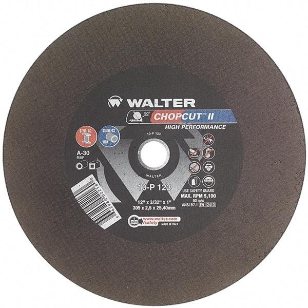WALTER Surface Technologies - 12" 30 Grit Aluminum Oxide Cutoff Wheel - 3/32" Thick, 1" Arbor, 5,100 Max RPM, Use with Chop Saws - Exact Tool & Supply