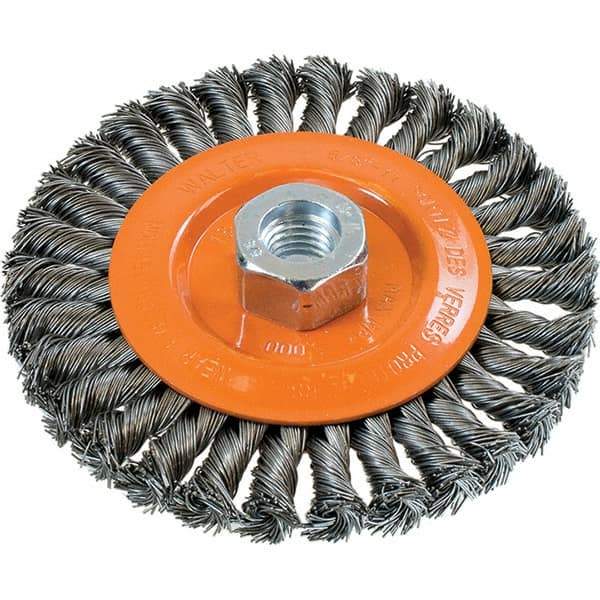 WALTER Surface Technologies - 5" OD, 5/8-11 Arbor Hole, Knotted Steel Wheel Brush - 3/8" Face Width, 0.02" Filament Diam, 15,000 RPM - Exact Tool & Supply