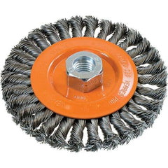 WALTER Surface Technologies - 5" OD, 5/8-11 Arbor Hole, Knotted Steel Wheel Brush - 3/8" Face Width, 0.02" Filament Diam, 15,000 RPM - Exact Tool & Supply