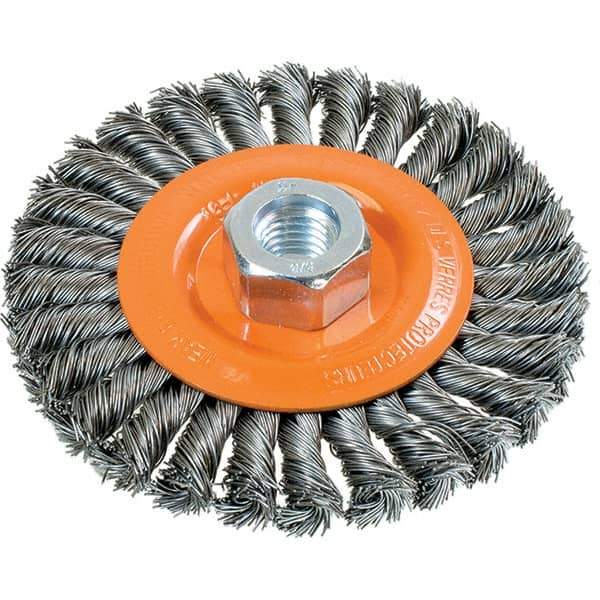 WALTER Surface Technologies - 4-1/2" OD, 5/8-11 Arbor Hole, Knotted Steel Wheel Brush - 3/8" Face Width, 0.02" Filament Diam, 15,000 RPM - Exact Tool & Supply
